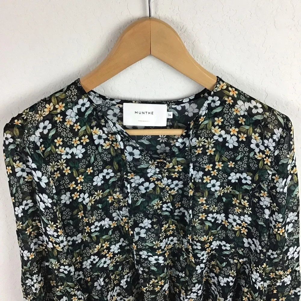 Munthe Floral Long Sleeve Blouse 36 Blue Green White Yellow - Picture 2 of 8